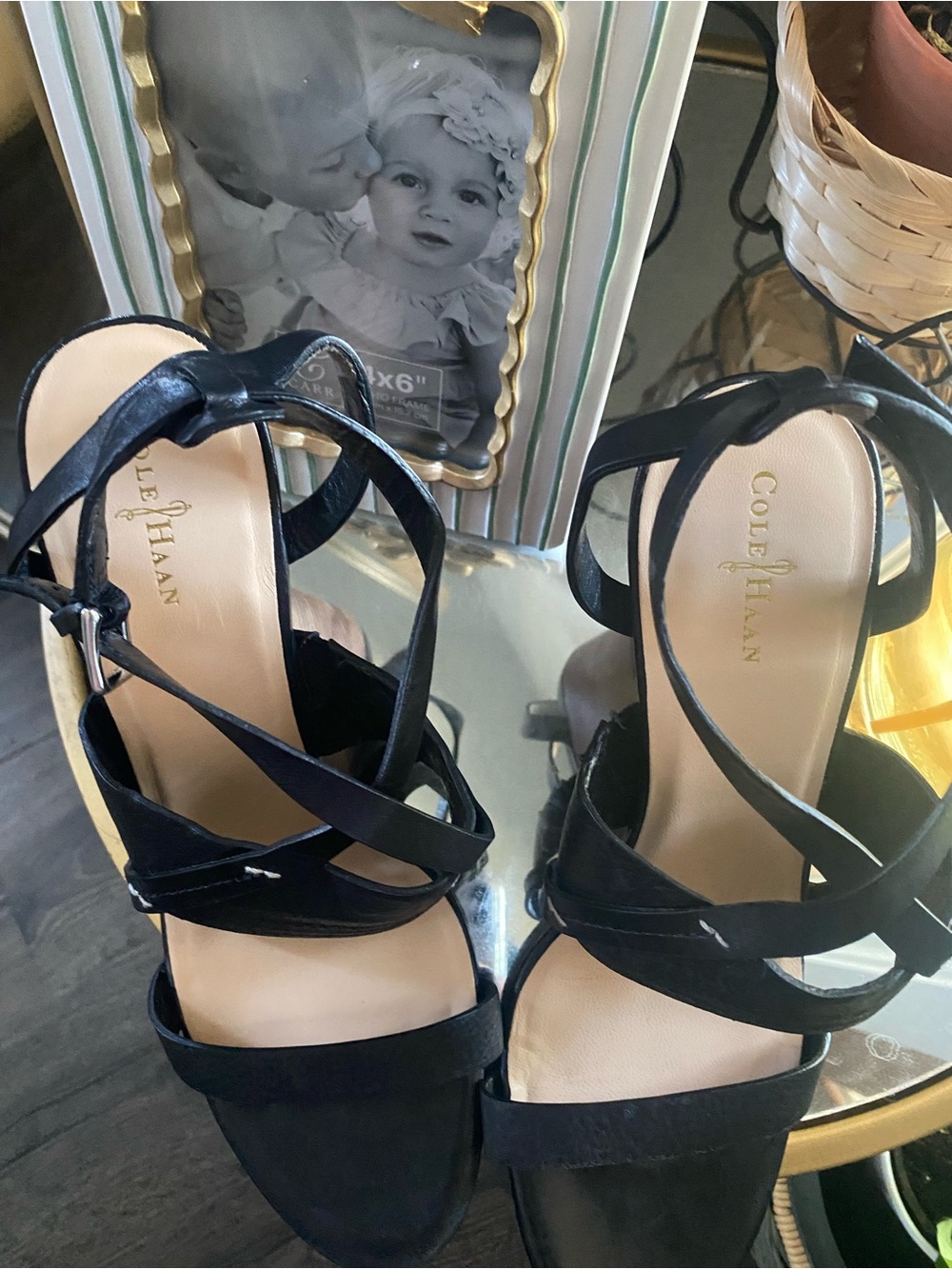 Cole Haan Black Strappy Wedge Sandals with Wood-Tone Heel - Picture 2 of 4